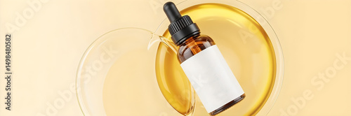 A brown glass bottle with a black dropper and a white label, golden liquid splash, light yellow background