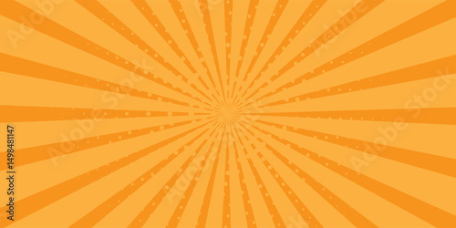 orange abstract background with light of sunburst. orange starburst with halftone. sun ray retro background with flash. vector