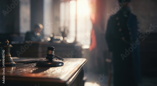 Gavel on desk in dimly lit courtroom