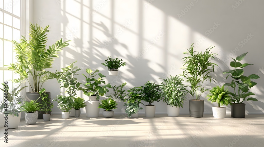 Fototapeta premium Arrangement of various houseplants in a bright, sunlit room.