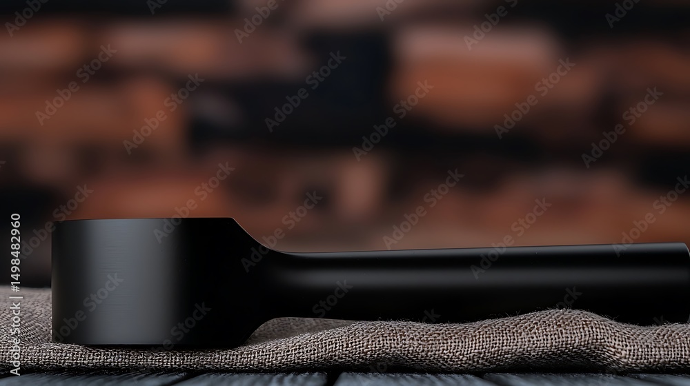 Obraz premium Close-up of a sleek black handle resting on a textured fabric against a blurred wooden background