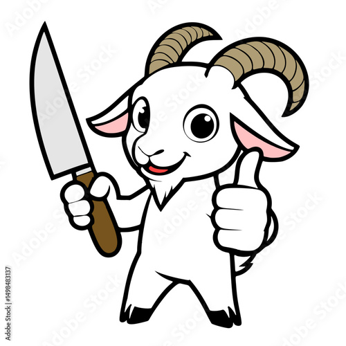Eid al-Adha icon, mascot or character, goat giving thumbs up and holding knife, high quality