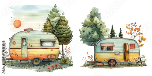 retro camper wagon with nature lanscape watercolor vector illustration