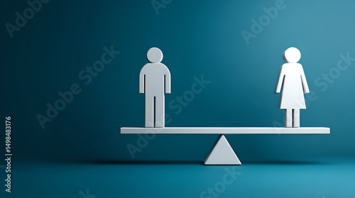 Gender equality concept using male and female figures on a balance scale, representing fairness