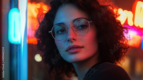 Close-up portrait of a young woman in vibrant city lights.