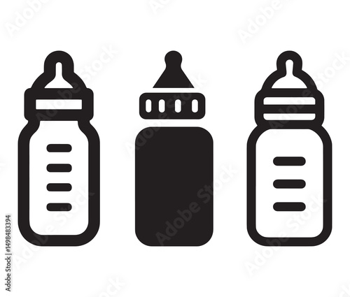 Set of black and white vector illustration of feeding bottles silhouette. Black and white baby milk bottles.