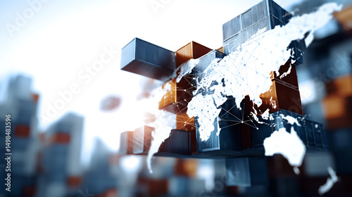 Global Logistics Network with Shipping Containers and World Map Overlay

