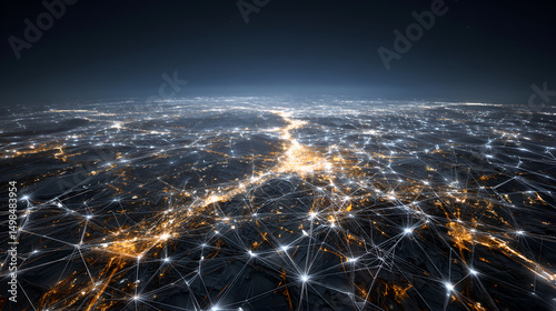 Global Network of Illuminated City Lights and Connections from an Aerial Perspective

