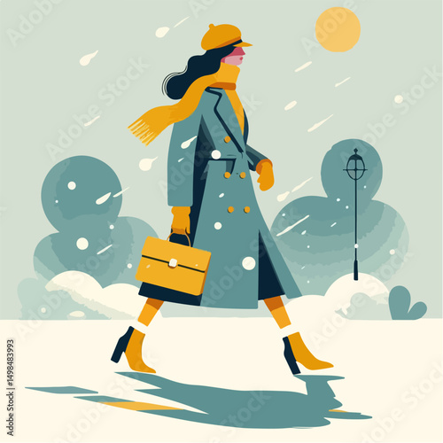 a woman wearing a scarf and yellow socks walks while it is snowing