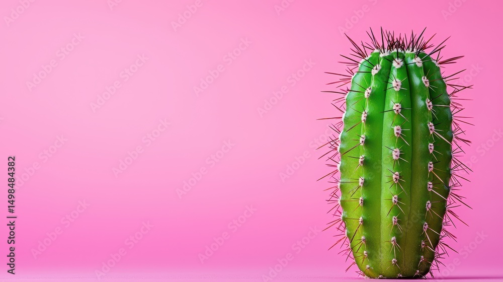 Naklejka premium Close up view of a vibrant green cactus with prominent spines against a solid pink background. The image features a minimalist aesthetic with a focus on texture and color contrast. 