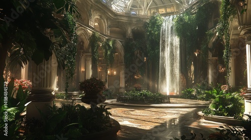 Lush indoor garden with waterfall overgrown classical architecture