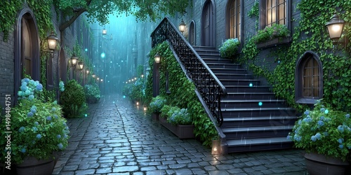 a dark gothic alley with rain falling heavily on stone steps and ivy-covered walls