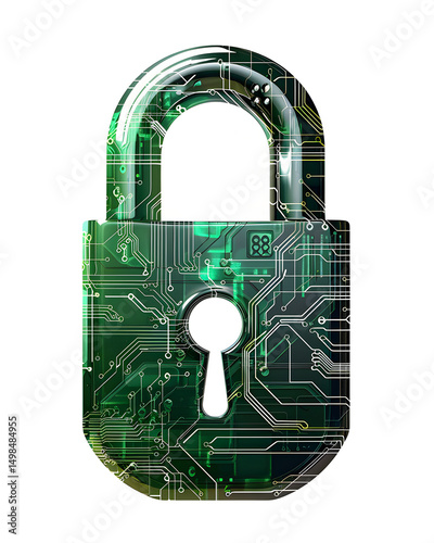 Digital security lock with circuit board design technology graphic modern environment close-up view cybersecurity concept
