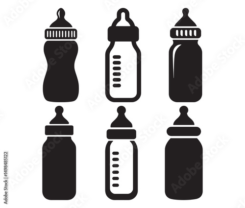 Set of black and white vector illustration of feeding bottles silhouette. Black and white baby milk bottles.