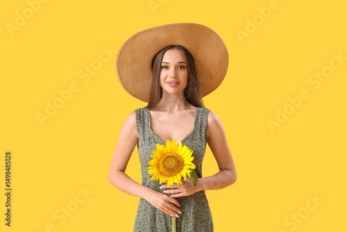 Young happy woman in wicker...