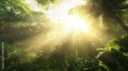 Sunlight rays tropical rainforest lush green foliage natural background