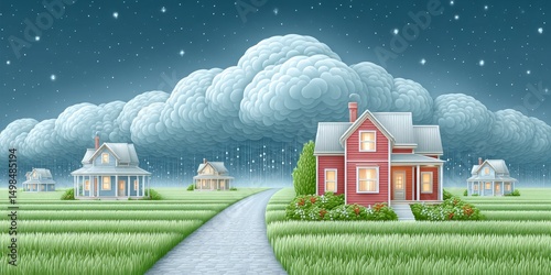 a pixel art landscape of a village with cloudy skies and occasional digital raindrops falling from blocky clouds