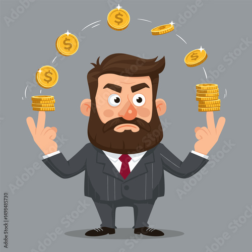 A funny vector illustration of a banker weighing two stacks of coins with a puzzled look, symbolizing investment choices or budget comparison.