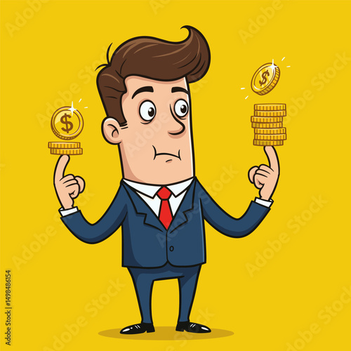 A cartoon businessman in a blue suit is balancing gold coins on both index fingers, expressing confusion while making a financial decision.