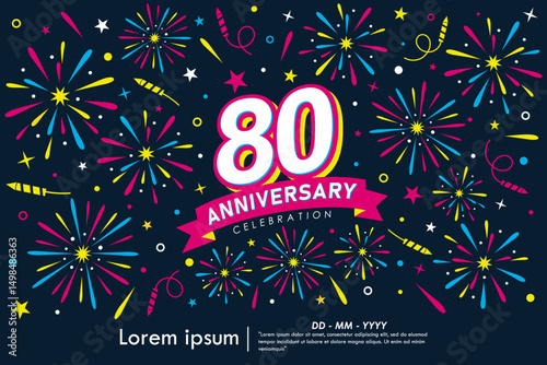 80th years anniversary celebration emblem. congratulations anniversary logo isolated with colorful fireworks and stars sparkle and ribbon. vector illustration template design
