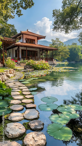 A traditional Japanese garden with a tranquil pond reflects the summer nature and wooden architecture of a gazebo near the water