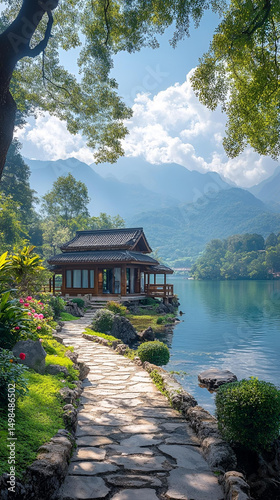 A traditional Japanese architecture pavilion reflects in the park's pond water within an Asian garden landscape