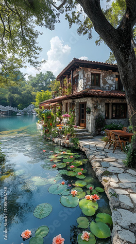 A traditional wooden house with a garden sits by the river, reflecting the summer sky and trees