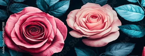Pink roses, dark leaves, close-up, romantic