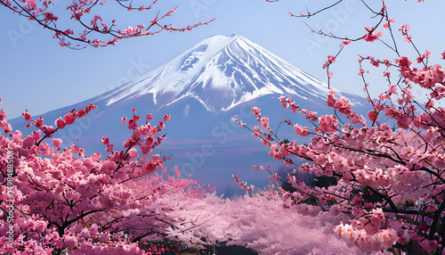Pink sakura with mount view