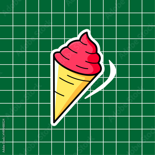 Brightly colored ice cream cone with swirled red and yellow flavors