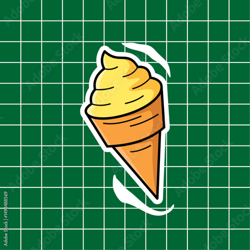 Bright yellow soft serve ice cream cone in a waffle cup on a green background