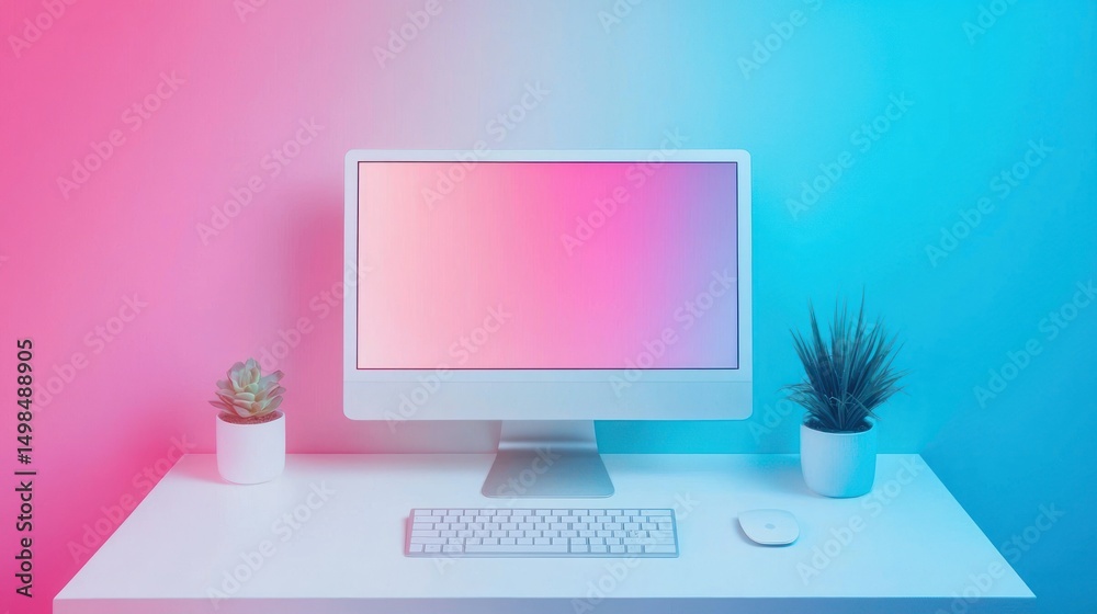 Modern workspace with computer, plants, and vibrant lighting Modern workspace with computer, plants, and vibrant lighting