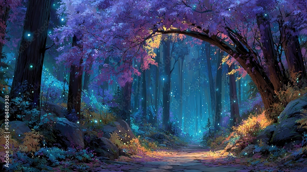 Obraz premium Mystical Fantasy Forest with Glowing Tree Trunks - Blue Ethereal Light Illuminating Archway Path Through Dense Canopy, Dappled Shadows on Foreground Trail for Fantasy Book Covers, Game Environments, 