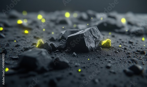 Glowing rocks on dark surface, cosmic background, abstract art, science fiction imagery