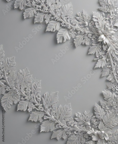 Silver leaf lace border, delicate, intricate pattern on soft backdrop, graphic, wedding
