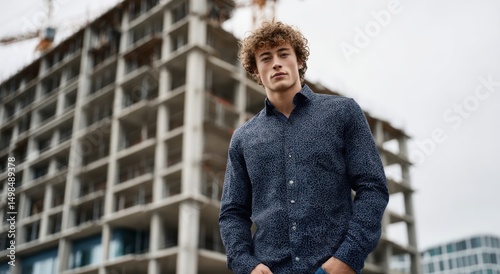 Man posing in front of building site