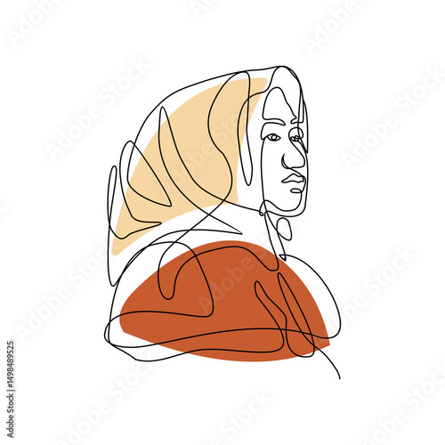 Artistic line drawing of Virgin Mary depicted with soft beige and red hues highlighting serene spirituality
