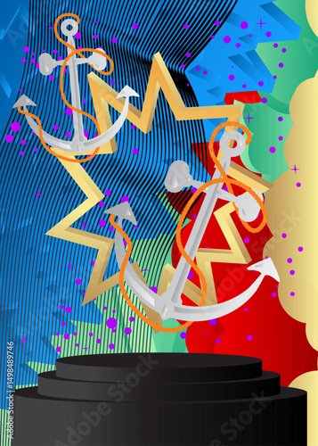 Mockup product display with Anchor. Vector cylinder pedestal podium. Stage showcase for presentation. Minimal geometric forms.