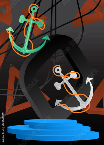 Mockup product display with Anchor. Vector cylinder pedestal podium. Stage showcase for presentation. Minimal geometric forms.