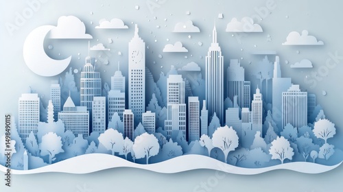Winter wonderland city skyline papercraft illustration.