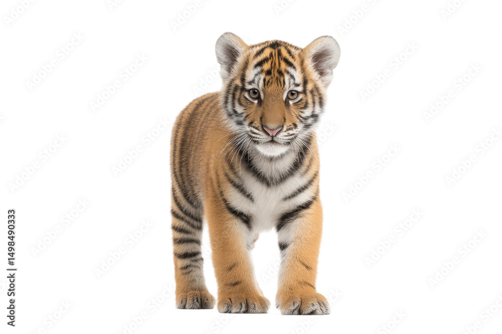 Obraz premium Adorable young tiger cub standing confidently with striped fur, cut out