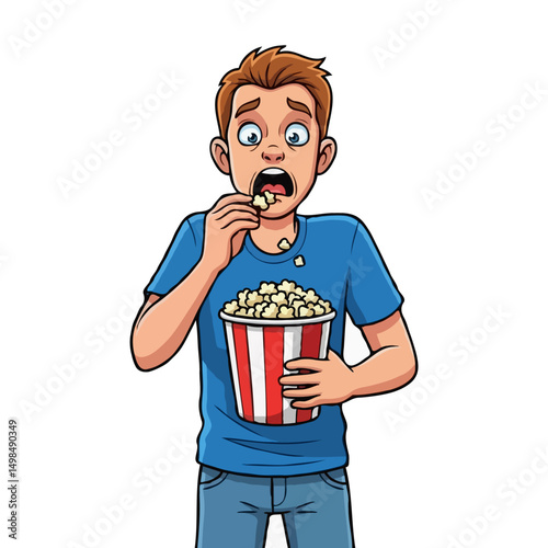 Scared cartoon man at movie theater reacting to horror film with popcorn in hand, vector