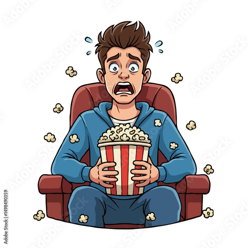  Cartoon young man moviegoer feeling scared and shocked eating popcorn in cinema, isolated on white background, vector art