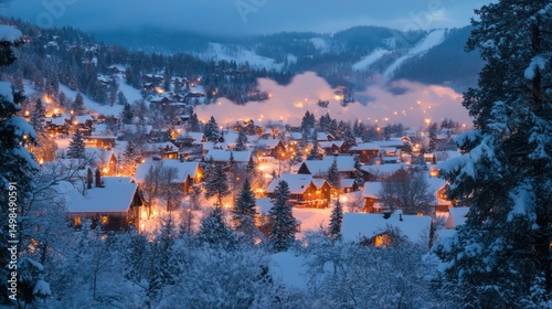 Snowy village nestled in a mountain valley at twilight.