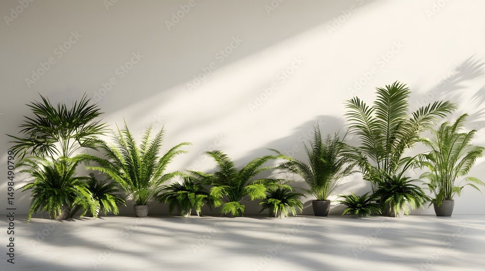 Fototapeta premium Arrangement of various plants in planters against a light wall.