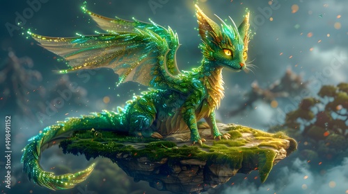 A mystical dragon-cat hybrid with shimmering emerald scales photo