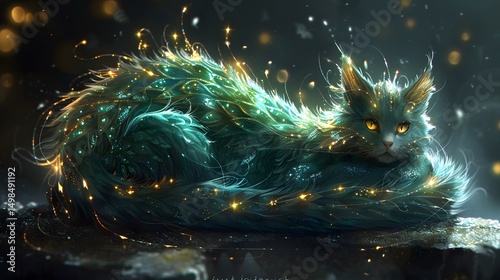 A mystical dragon-cat hybrid with shimmering emerald scales photo