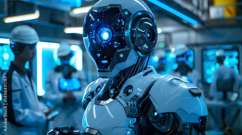 Fototapeta premium A sleek ultra-realistic humanoid robot with glowing eyes and metallic skin 