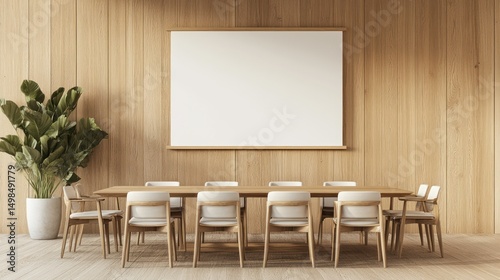 Long wooden conference table with blank canvas mockup in minimalist interior