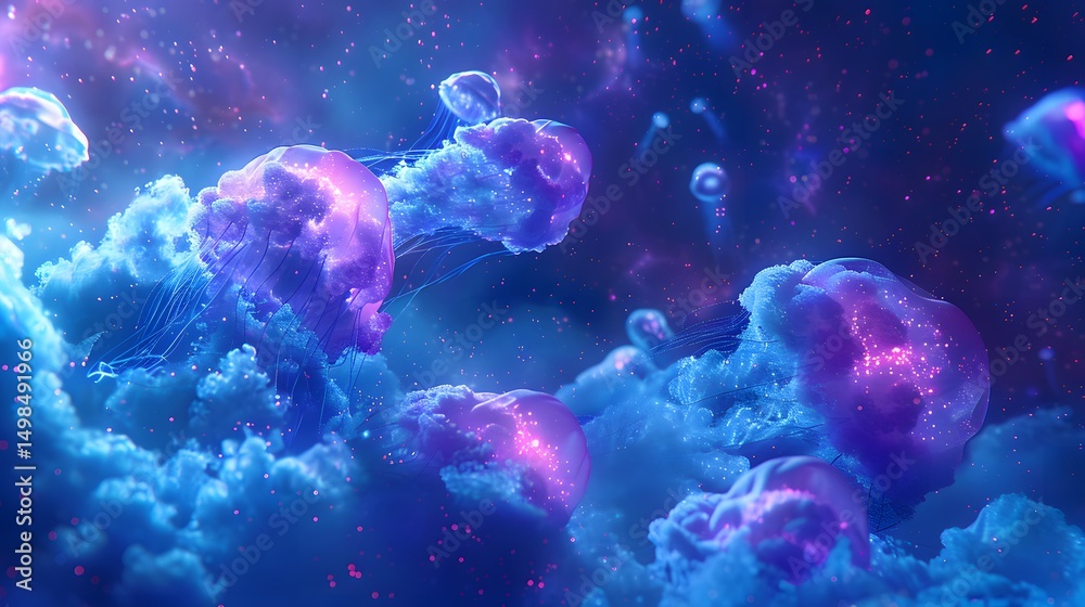 Naklejka premium A surreal jellyfish-cat hybrid floating in a cosmic deep space environment